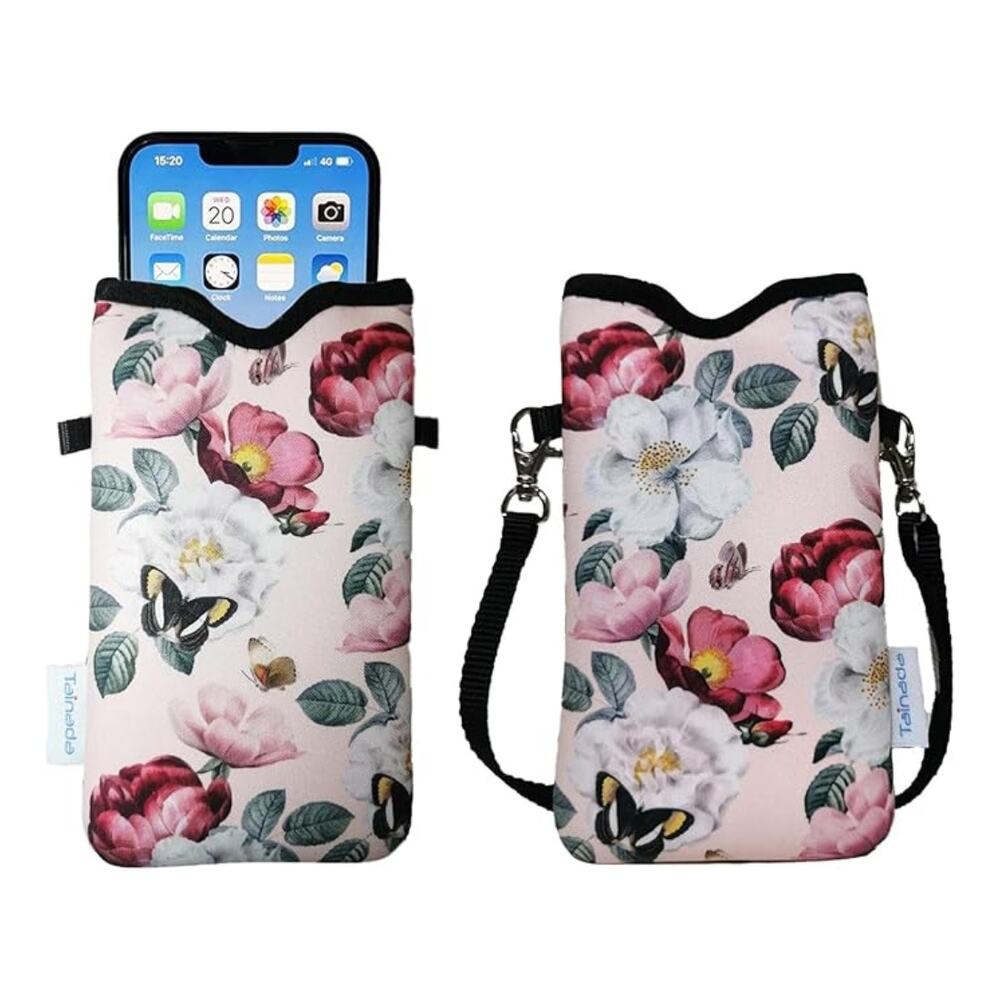 Tainada Pink Floral Neoprene Phone Crossbody Bag Neck Lanyard Cellphone Sleeve